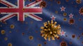 3D, New Zealander flag waving with Coronavirus outbreak. New Zealand Covid 19