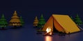 3d Night Campsite in nature and elements for camping, summer camp, camp fire, trip, hiking. Concept. 3d rendering Royalty Free Stock Photo