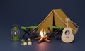 3d Night and dark Campsite in nature and elements for camping,camp fire, trip, hiking. Concept. 3d rendering Royalty Free Stock Photo