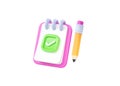 3d note icon and pencil with document list for blog content. Notepad with check on paper render illustration Royalty Free Stock Photo