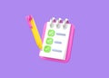 3d note icon and pencil with document list and text. Notepad, checklist render illustration. Survey or exam form