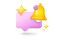 3d notification bell icon. 3d render yellow ringing bell