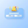 3D notification icon. Notice alert. Mobile message. Calendar banner. Date or time bell. Website render interface element