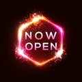 3d Now Open neon light sign on dark red background Royalty Free Stock Photo