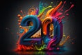3D number 20 on color swirl, splash and explosion background, creative pattern, Generative AI Royalty Free Stock Photo