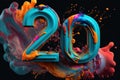 3D number 20 on color swirl, splash and explosion background, creative pattern, Generative AI Royalty Free Stock Photo