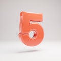 3d number 5. Living Coral font with glossy reflections and shadow isolated on white background