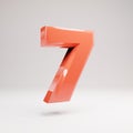 3d number 7. Living Coral font with glossy reflections and shadow isolated on white background