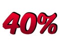 3D Number 40% percent gradient red color on white background