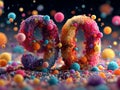 A 3D number 90 within a swirling galaxy of multi-colored confetti spheres, presented against a black backdrop, with two donuts Royalty Free Stock Photo