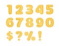 3d numbers vector set. Isolated golden numbers and signs. Exclamation and question marks, dollar and percentage on white Royalty Free Stock Photo