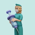 3D nurse in medical mask holds giant syringe. Concept of injections