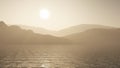 3D ocean against a mountain landscape in sepia tones Royalty Free Stock Photo