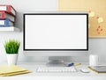 3D Office with blank computer screen. Mockup