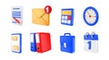 3D office icons. Business objects. Mail envelope. File folder and briefcase. Clock and calendar. Email notice. School