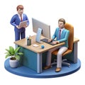3D office scene with businessman working on computer and colleague supervising Royalty Free Stock Photo