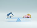 3D ofhouse and piggy bank family and golden coin stack balancing on Teeter Totter. Business and finance concept