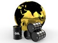 3d oil barrels and golden earth globe