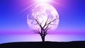 3D old gnarly tree against a moonlit landscape Royalty Free Stock Photo