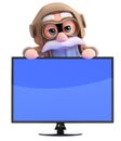 3d Old pilot looks over flatscreen lcd television monitor Royalty Free Stock Photo