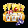 3D online casino gambling game illustration, vector golden reel slot, chips, blackjack cards sign. Royalty Free Stock Photo