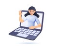 3D online communication, virtual call concept. Business woman peeking out laptop computer screen 3D. Remote live video Royalty Free Stock Photo