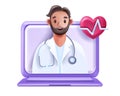 3D online doctor, vector telemedicine virtual consult concept, internet medical network laptop.