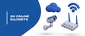 3D online gadgets. Surveillance camera, router, Wi Fi signal symbol, cloud
