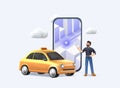 3D online ordering taxi car, rent and sharing using service mobile application. Man near smartphone screen with route