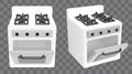 3d open door oven in isolated cooker stove vector icon. Realistic cooking interior appliance for home front and side