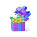 3D Open Gift Box Full of Gold Coins and Dollars