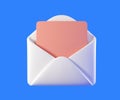 3D open mail envelope icon with new message isolated on blue background. Minimal email letter with paper. 3D rendered