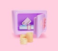3d Open Safe with Different Money Plasticine Cartoon Style. Vector