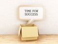 3d Opened box with Speech bubble with time for success Royalty Free Stock Photo