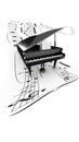 3D opened grand piano on a long flying partition