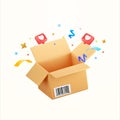 3d opened package box or cargo box with barcode, heart icons, confetti effect, isolated on background. Concept for gift