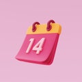 3d Opened pink calendar 14 February isolated. Happy Valentine\'s Day. 3d rendering