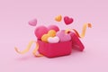 3d Opened pink gift box full of heart-shaped balloons isolated. Element decor for Valentine\'s Day or birthday. 3d