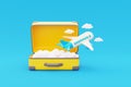 3D Opened suitcase with airplane flying in clouds, Tourism and travel concept, holiday vacation, 3d rendering.