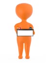 3d orange character holding a battery with red color positive and black color negative marking