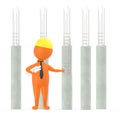 3d orange character holding plans and wearing safety cap standing near to civil construction site