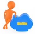 3d orange character presenting a opened drawer in a cloud containing arranged stack of folders - cloud storage
