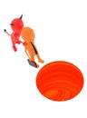 3d orange character is pushed by a devil character into a hole