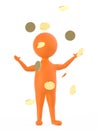 3d orange character standing and raising both hands when golden coin,s falls