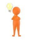 3d orange character thinking with a ligh bulb near to his head concept Royalty Free Stock Photo