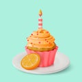 3d Orange Cupcake with Candle Sweet Dessert Food Cartoon Style. Vector Royalty Free Stock Photo