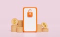 3d orange mobile phone, smartphone icon with unlocked padlock, money dollar coin stack isolated on pink background. screen phone