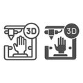 3D organ printing line and glyph icon. Bionic hand printing vector illustration isolated on white. 3d arm printing
