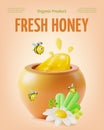 3d Organic Product Fresh Honey Concept Banner Poster Card Cartoon Style. Vector