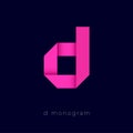 D origami pink paper cycling logo. Monogram D logo. Letter d on a dark background.